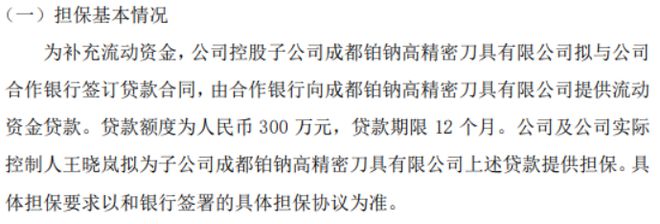 成林数控控股子公司成都铂钠高精密刀具有限公司拟向银行申请300万贷款实际控制人王晓岚提供担保(图1)